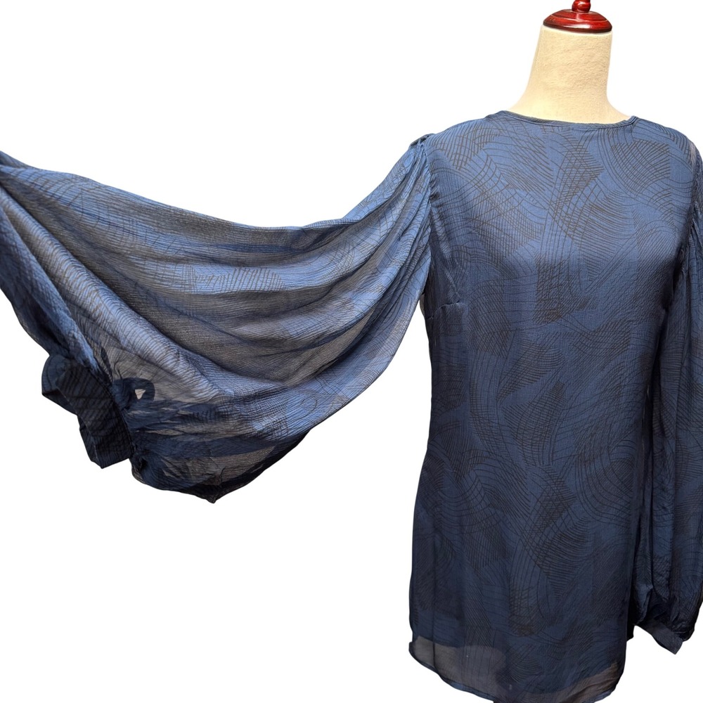 Winter Kate Silk Bishop Sleeve Mini Dress Abstract Print M Blue Vtg Y2K Style